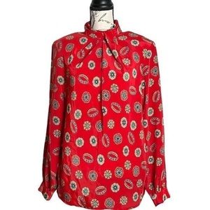 Vintage 80s Anna Kriste Red Print High Neck Career Blouse Top